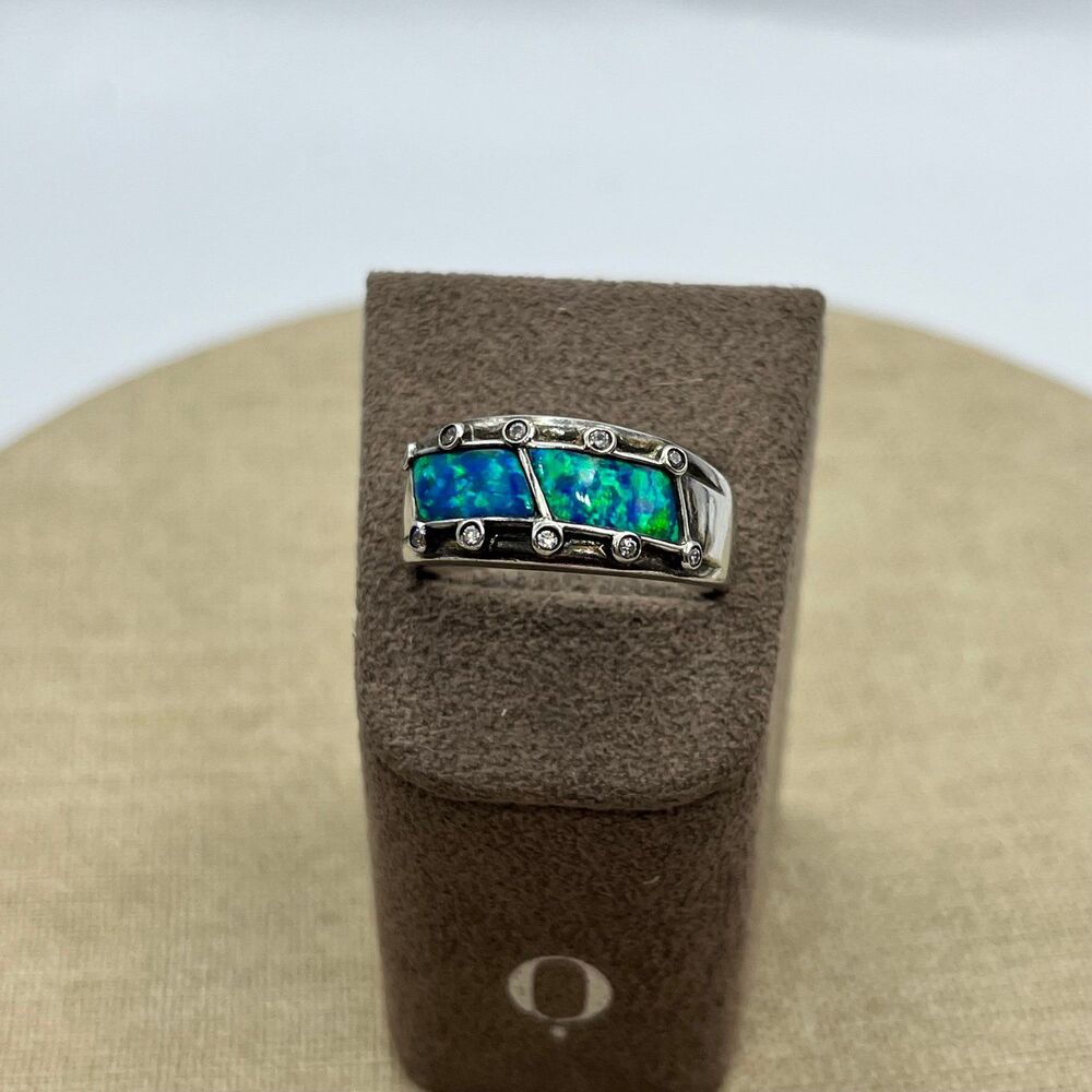 Large Sterling Silver Blue Synthetic Opal Narrow Dome Ring for Women CZ Accent